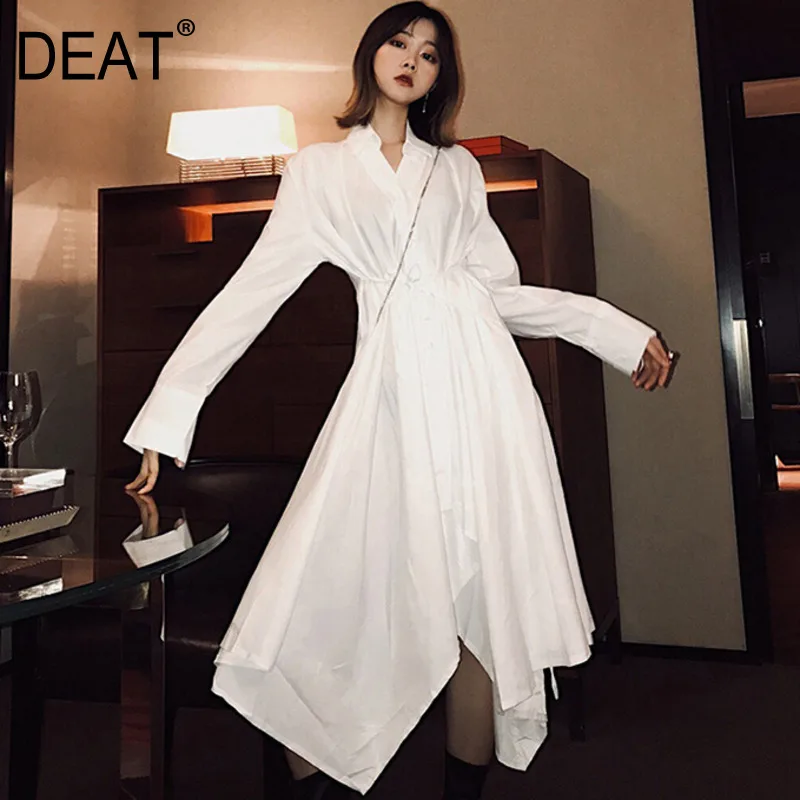 

DEAT 2020 new spring street styles women fashion clothing turn-down collar full sleeves high waist asymmetrical shirt dress