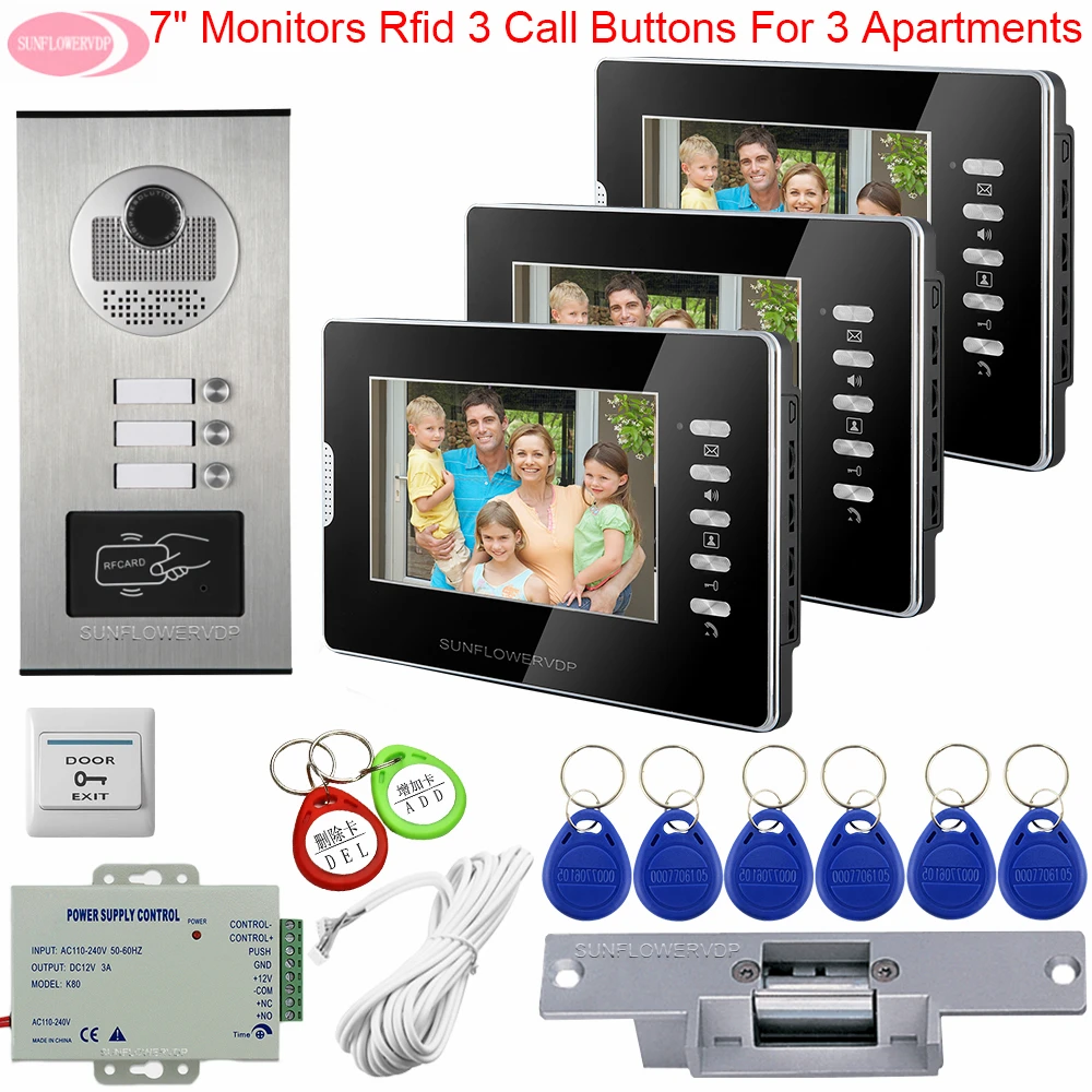 3 Monitors Video Door Phone 7" Color Intercom Street Whit/Black Doorbell With Camera Access Control + Electric Strike Lock |