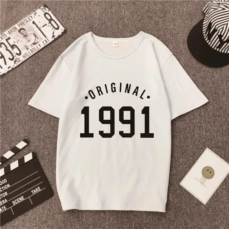 1991 оригинальные настраиваемые футболки для дня рождения, повседневные хлопковые модные футболки Tumblr для дня рождения, Клубные футболки унисекс, эстетические Топы - Цвет: white t black word