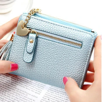 

Small Tassel Women Wallet Luxury Brand Short Design Leather Double Zip Two Fold Female Purse with Heart Chain Card Holder