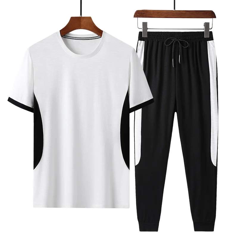 Pants Suit T-Shirt Short-Sleeve Two-Piece Mens Casual Summer New Bamboo Cotton Splicing