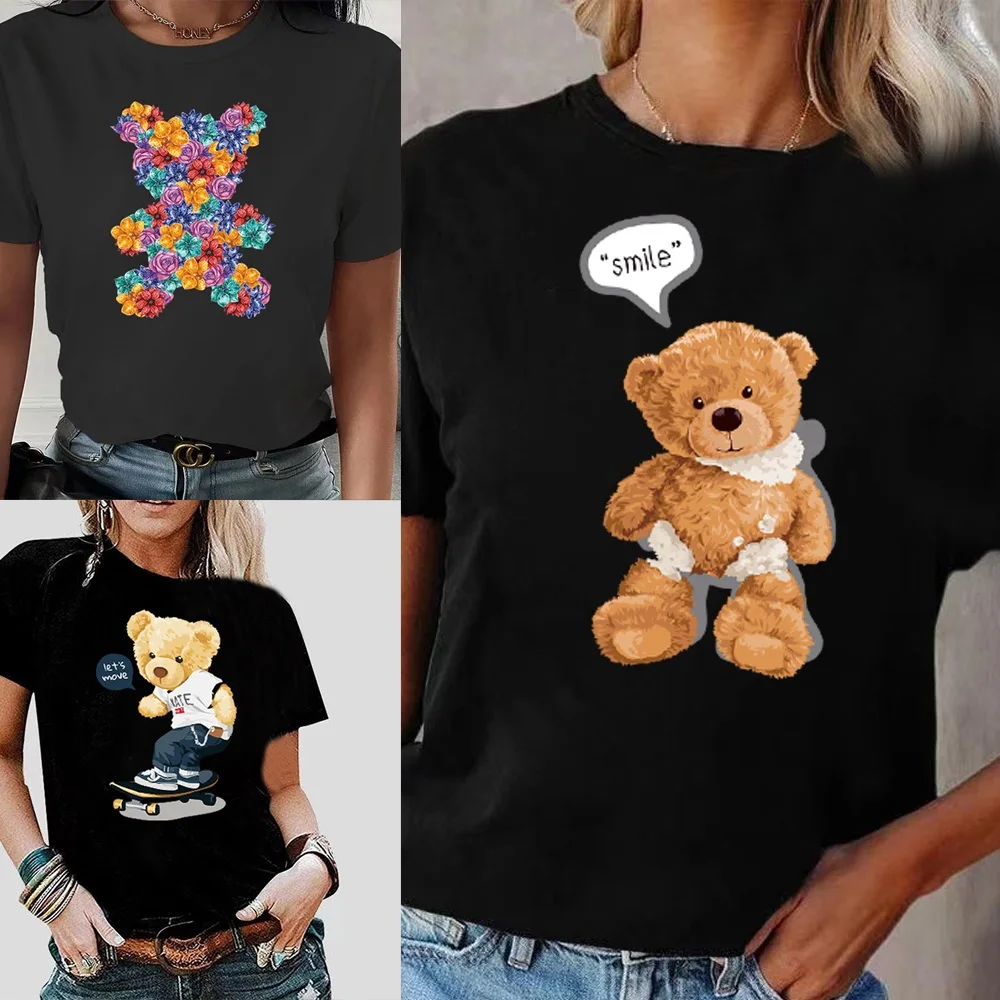 Fashion Bear Print Women T-Shirt Harajuku Round Neck Casual Loose Short Sleeve Summer Slim Soft Tops Clothing Hip Hop Streetwear