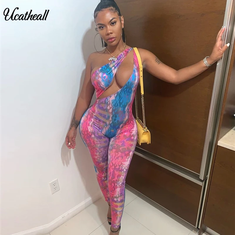  Summer Women Bodycon Jumpsuits Sexy Sheer Hollow Out Shoulder Jumpsuit Rompers Women Sleeveless Print Skinny Party Club Overalls