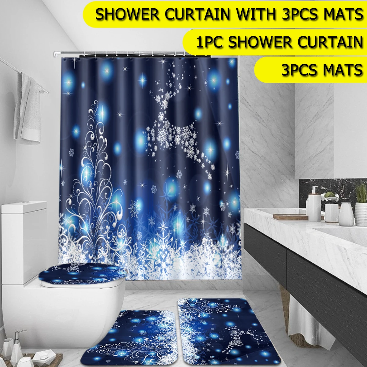 1/3/4pcs New Year Shower Curtains Blue Christmas Ball Snowflake Tree Waterproof Polyester Fabric Shower Curtain Set Doormat