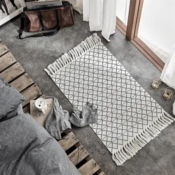 

Geometric Pattern Cotton Carpet Hand Woven Tassel Floor Mat Modern House Decor Mat In Bathroom Bedside Rugs