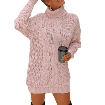 

2019 Autumn Turtleneck Twist Knit Sweater Women Pullovers Loose Sweater Winter Knitwear Knitted Sweaters Medium Long Section