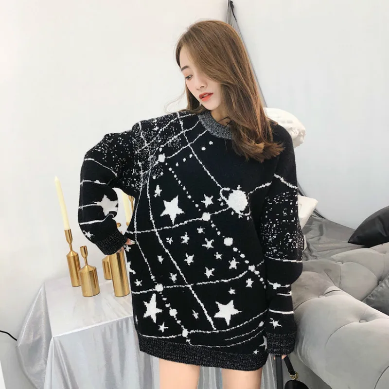 

2019 Autumn Winter Black Cosmic Stars Jacquard Knitted Sweater Women Long Sleeve O-neck Jumper Pullover Female Thick Sweater