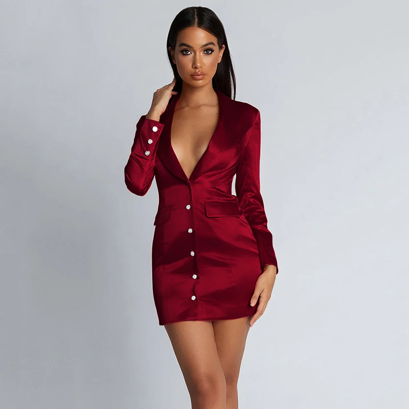Autumn Fashion Women Suit Dress Notched Lapel Plunge Buttons Long Sleeves Fluorescent Club Party Blazer Casual Mini Dress