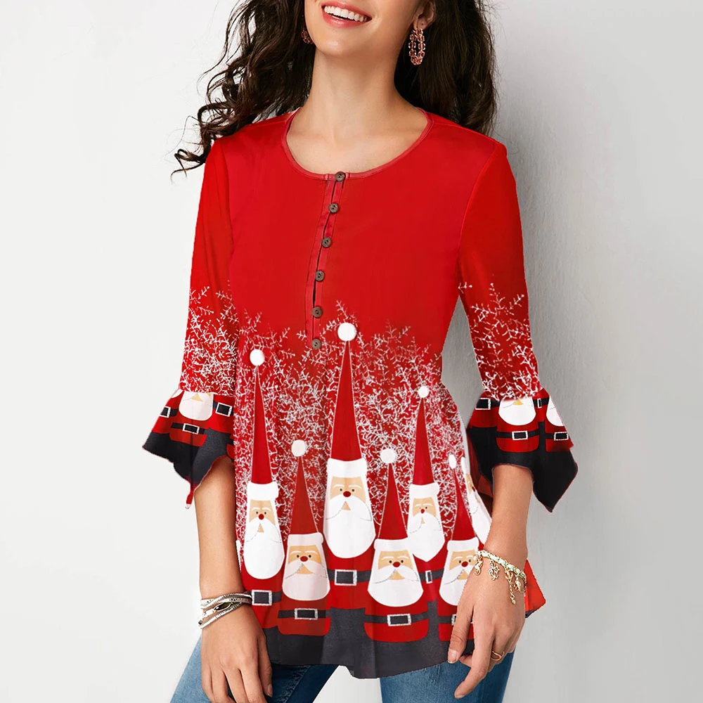 Ruffled Sleeves Christmas Tshirt Top Tee Shirt Women Santa Claus Print Lady T-shirt Red Black Round Button Neck Female Tshirt