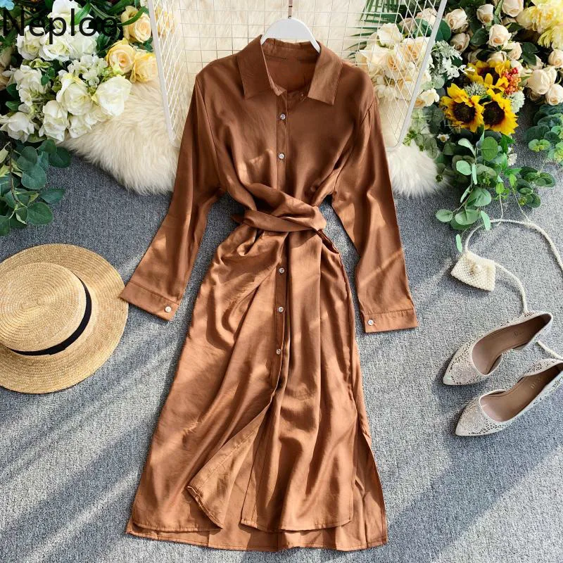 

Neploe Slim Temperament Avocado Solid Cross mid long Dress High Waist Lacing Button A Line Vestido Autumn Boho Robe 45972
