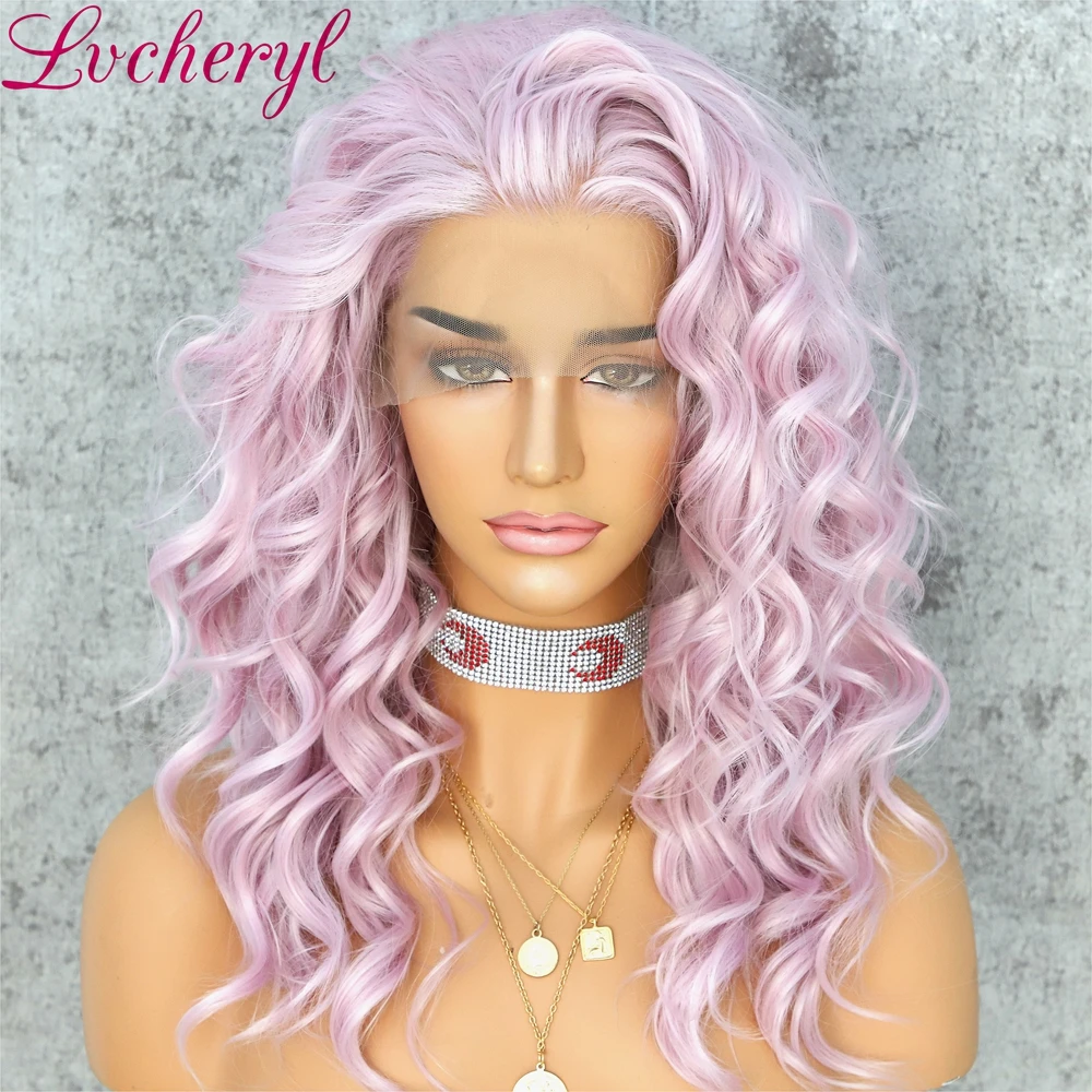 Light Pink Lvcheryl 13X3 короткие светло-розовые натуральные волнистые волосы ручной обвязки бесклеевой высокой плотности термостойкие парики синтетические волосы на кружеве передний парик - Цвет: Light Pink