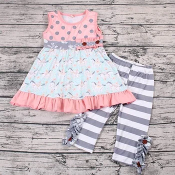 

Free shipping baby girl spring summer outfit sleeveless top matches grey white striped pant unicorn pattern kids clothing set