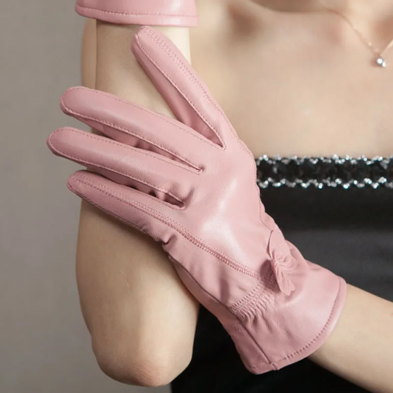 pink Зимние теплые утолщенные бархатные женские перчатки из натуральной овчины, корейские модные перчатки с бабочкой - Цвет: pink