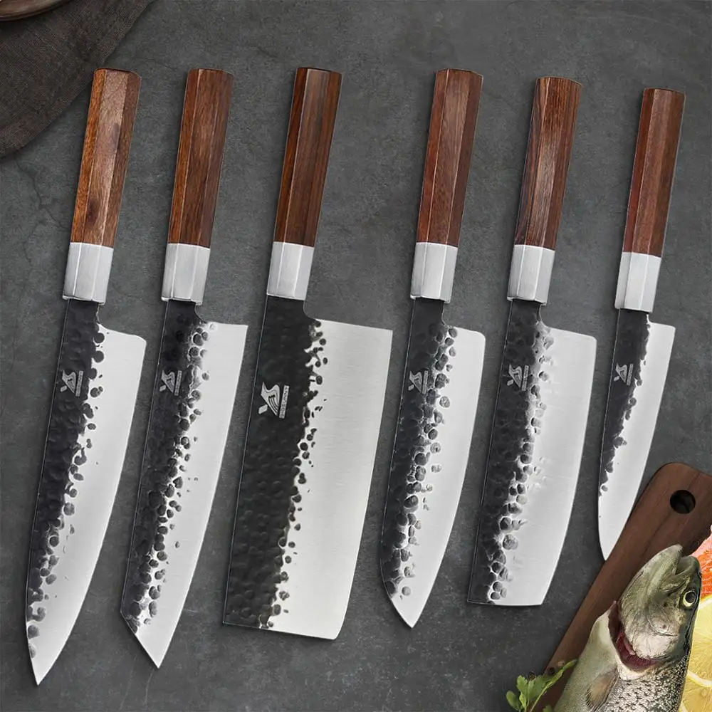 Bigsunny Handmade Kitchen Knife Set High Carbon Steel Chef Santoku