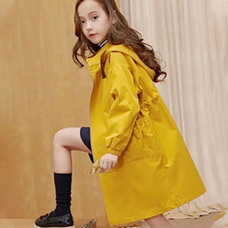 

Girls' Wind Coat Autumn And Winter New Style Big Boy Mid-length Western Style Tops Children plus Thick Cotton Waist Hugging Hood