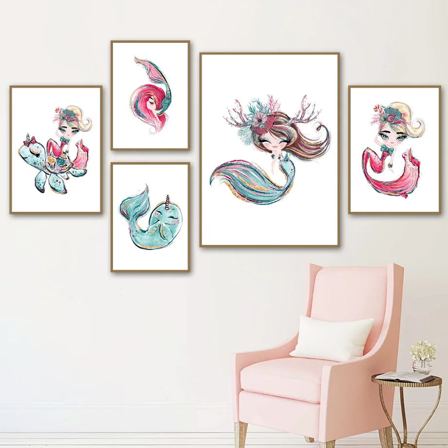 モジュラー絵画ポスター漫画人魚姫ヒトデカメ版画キャンバス壁ホームインテリアキッズルームなしフレーム 絵画 書道 Aliexpress