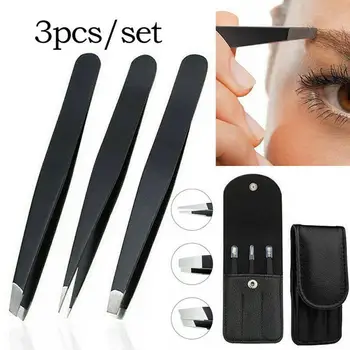 

3pcs/Set Eyebrow Tweezers Stainless Steel Point Tip/Slant Removal Makeup Tip/Flat Tools Tip Eye with Clips Hair Case Brow D2Z2