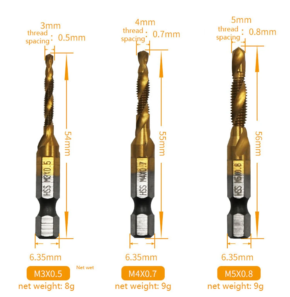 Description Picture 4 of itemTap Drill Titanium Plated Hex Shank HSS Screw Thread Metric Tap Drill Bits Screw Machine Compound M3 M4 M5 M6 M8 M10 Hand Tools
