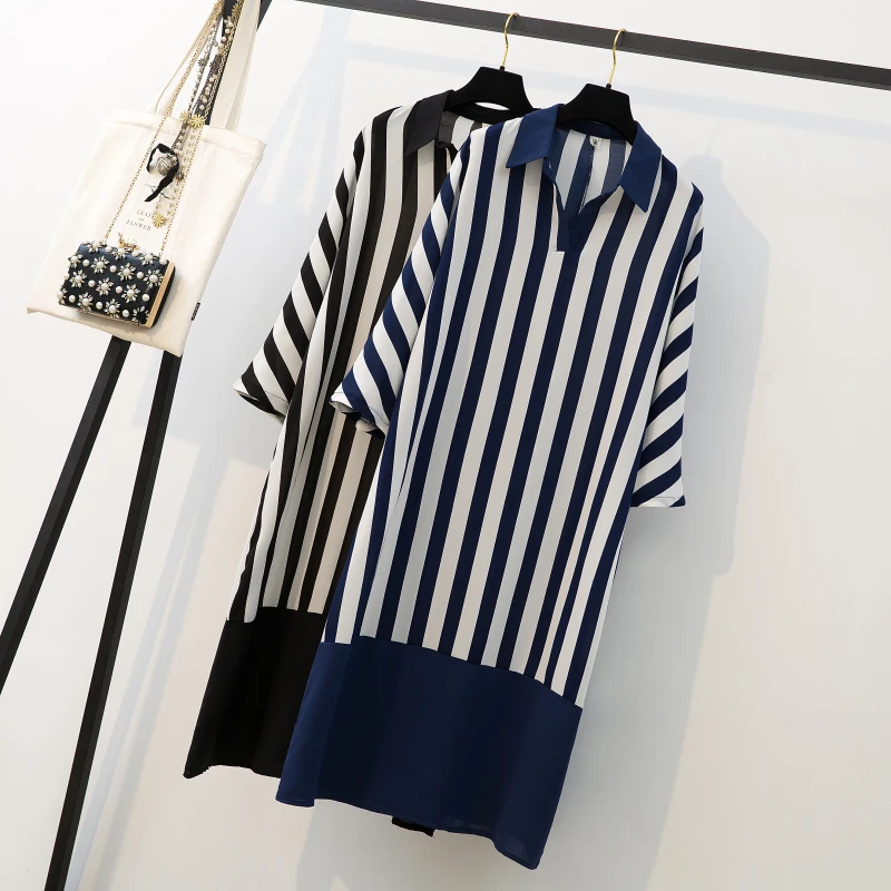 

New Spring Dress Large Size Women's Wear Fat Mm Turn-lapel Stripe Shirt Long Loose Bat Sleeve Sleeve Shirt