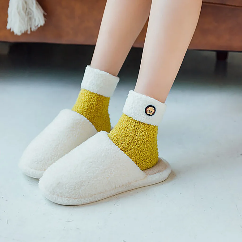 Женские чулки, длинные носки с отворотами, Женские мягкие чулки с вышивкой в виде медведя для сна