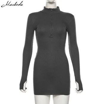 Macheda Autumn Winter Stretch Slim Soft Ribbed Knitted Turtleneck Dress Woman Fashion Solid Black Casual