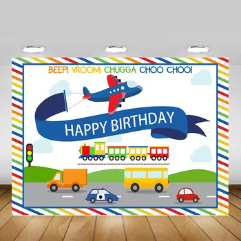 

Cartoon Kids Birthday Party Photography Backdrop for Photo Shoot Aircraft Traffic Themed Photo Background Train Car Photographic