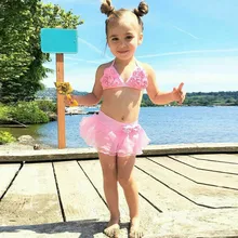 Розовый кружевной летний купальный костюм из двух предметов, детский жилет с цветочным принтом для маленьких девочек купальный костюм из тюля, бикини maillot de bain fille bikinи