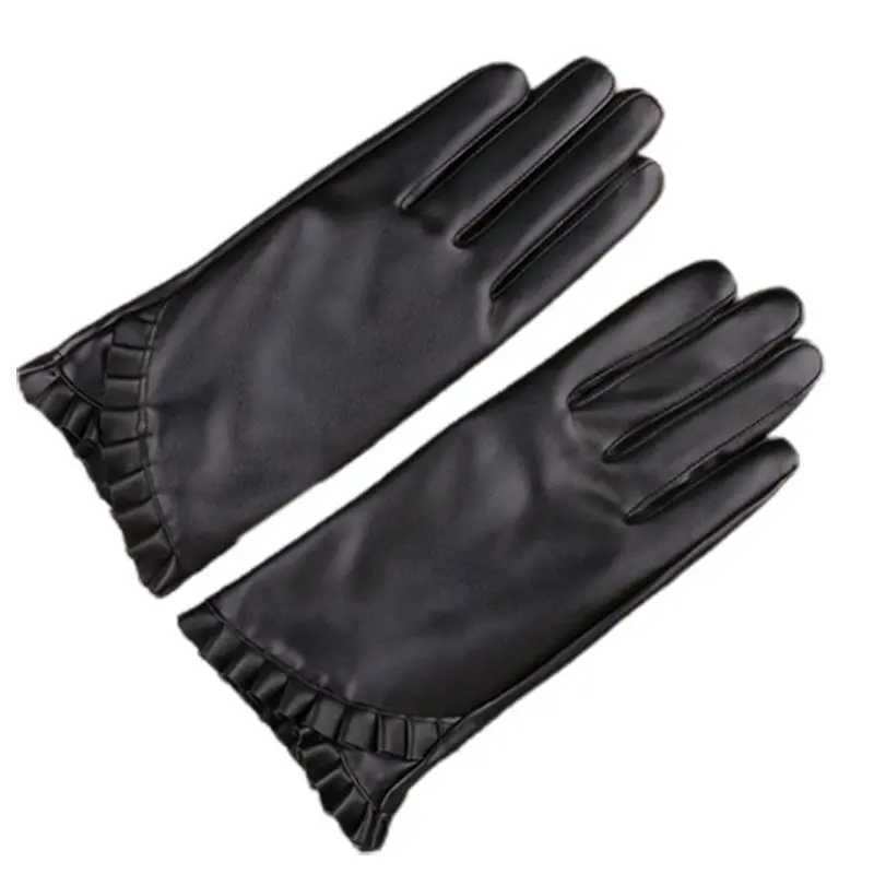 

Women Winter Touch Screen Gloves Frill Trim Plus Velvet Faux Leather Mittens B95F