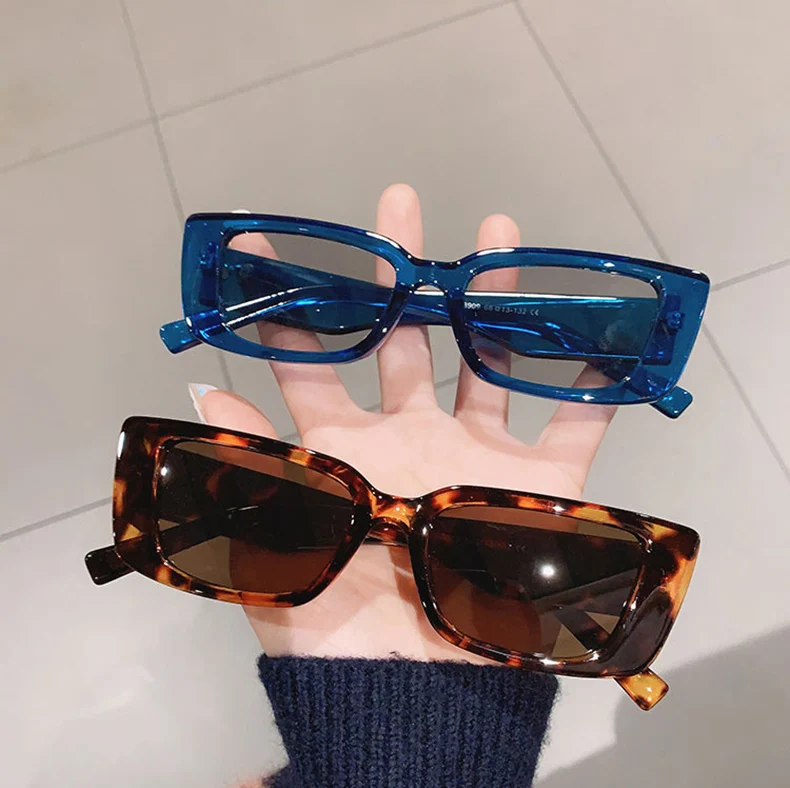 SO&EI Ins Popular Fashion Small Rectangle Sunglasses Women Vintage Leopard Blue Eyewear Men Cat Eye Sun Glasses Shades UV400 coach sunglasses