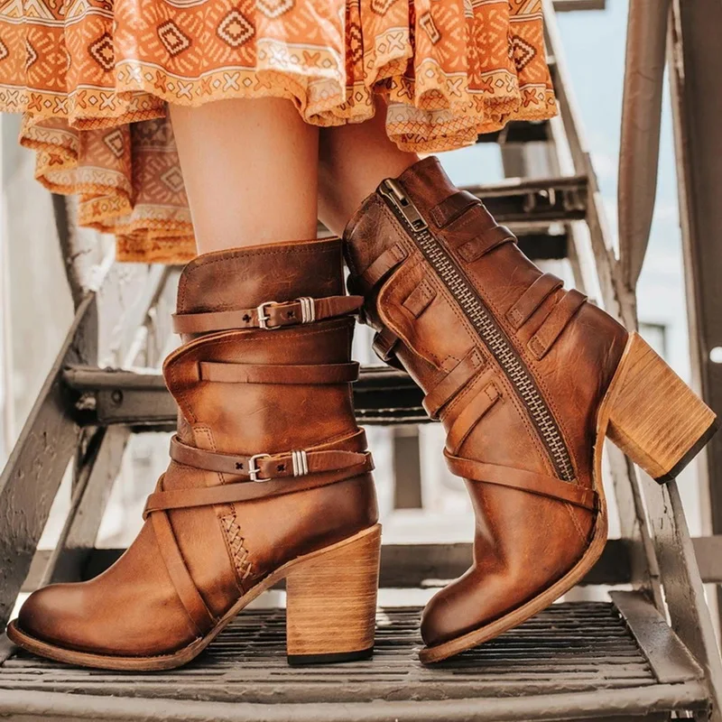 

HEFLASHOR Fashion Punk Gothic Style Buckle Strap Round Toe Boots Women Shoes Zipper Boots Street haulage motor mujer zapatos