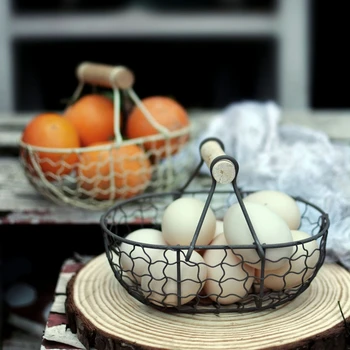 

Wooden Handle Metal Retro Basket Portable Multi-Function Vegetable Fruit Egg Groceries Practical Storage Basket Organizer