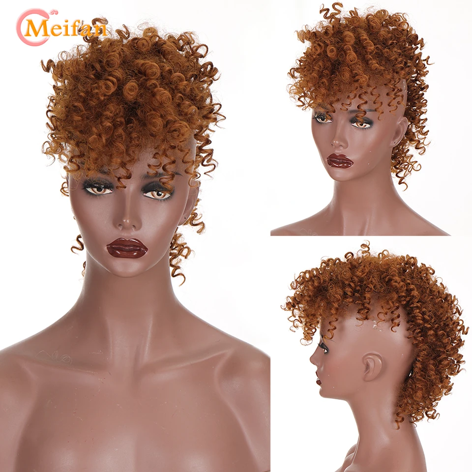 Meifan Synthetic Afro Kinky Curly Hairpieces Mohawk Ponytail Clip In Hair Extensions High Puff Afro Natural Ponytail With Bangs 5 Meifan Synthetic Afro Kinky Curly Hairpieces Mohawk Ponytail Clip In Hair Extensions High Puff Afro Natural Ponytail With Bangs