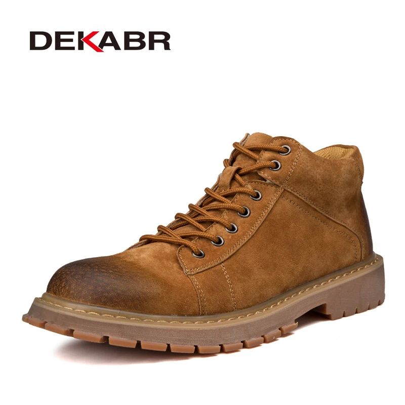 Online DEKABR nuevas botas de cuero para hombres, botas de tobillo de moda Otoño Invierno, botas de cordones para hombre, calzado, botas casuales, envío directo