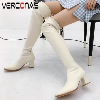

VERCONAS 2020 Concise Women Over-The-Knee Boots Autumn Winter New Slim Long Shoes Woman Lace-Up Stretch Boots High Heels Boots