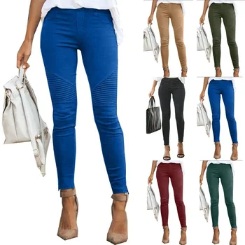 

Spring Women Pencil Pants Lace Up Waist Casual Women Pants Solid Multi-Pockets Plus Size Slim Fit Trousers Pleated Skinny
