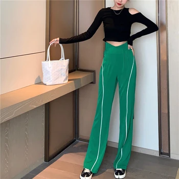 

Black High Waist Women Pant Patchwork Casual Pants New All Match Diamond Black Wide Leg Pants Women 2020 Fashion KZ25