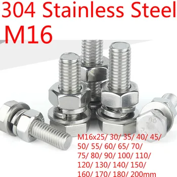 

304 Stainless Steel M16 25-200mm External Hex Screw Spring Washer Flat Washer Hex Nut Assortment Hardware Kit 994 1pcs