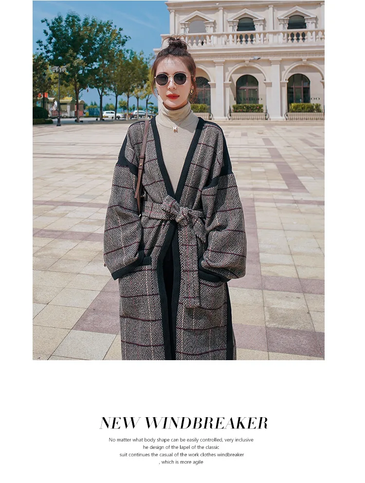 Women's Winter Plaid Woolen Jacket Long Thicken Quality Korean Style Loose Belted Casual Big Pocket Fashion Warm New Coat Female waterproof puffer coat