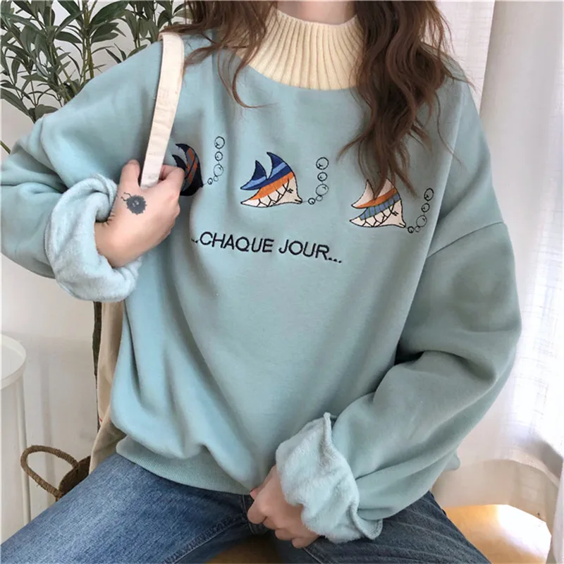Новые бархатные толстые Ulzzang женские осенние корейские ins Harajuku винтажные Веселые топы с героями мультфильмов Модные свободные повседневные женские толстовки