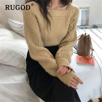 

RUGOD Winter warm sweater women 2049 Elegant square collar twisted offic ladies pullovers female Vintage solid khaki sweaters