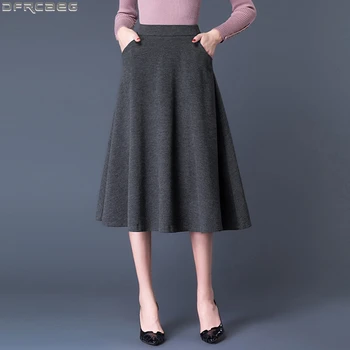

Vintage Gray Black Wool Skirt Female Retro Autumn Winter High Waist Women's Skirts Solid A-line Saia Midi Plus Size Skirt Women