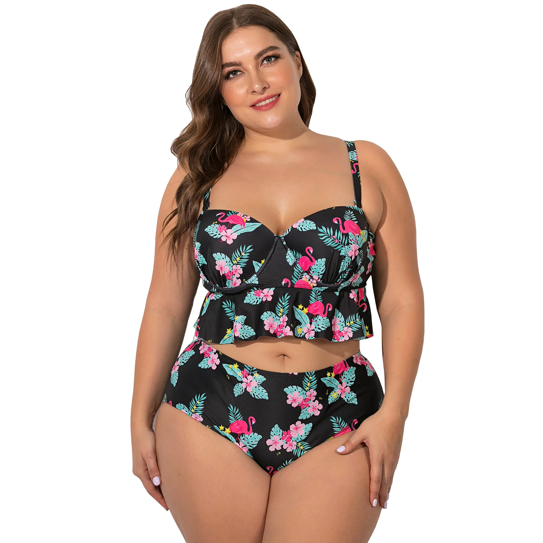 

Women's Plus Size Tropical Flamingo Ruffle Bralette Bikini Swimsuit