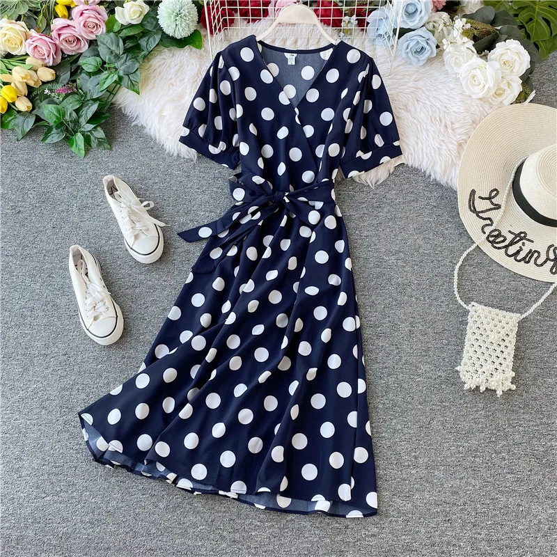 Amolapha, женское платье с v-образным вырезом, в горошек, с поясом, Vestidos, короткий рукав, сексуальные женские повседневные платья для пляжного отдыха - Цвет: Тёмно-синий