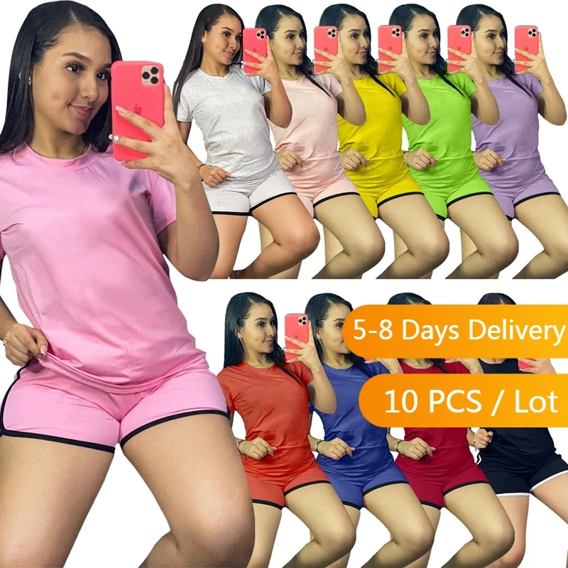 

Bulk Items Wholesale Lots Summer Casual Tracksuit Women T Shirt and Biker Shorts Set Sportswear Color Patchwork Matching Sets