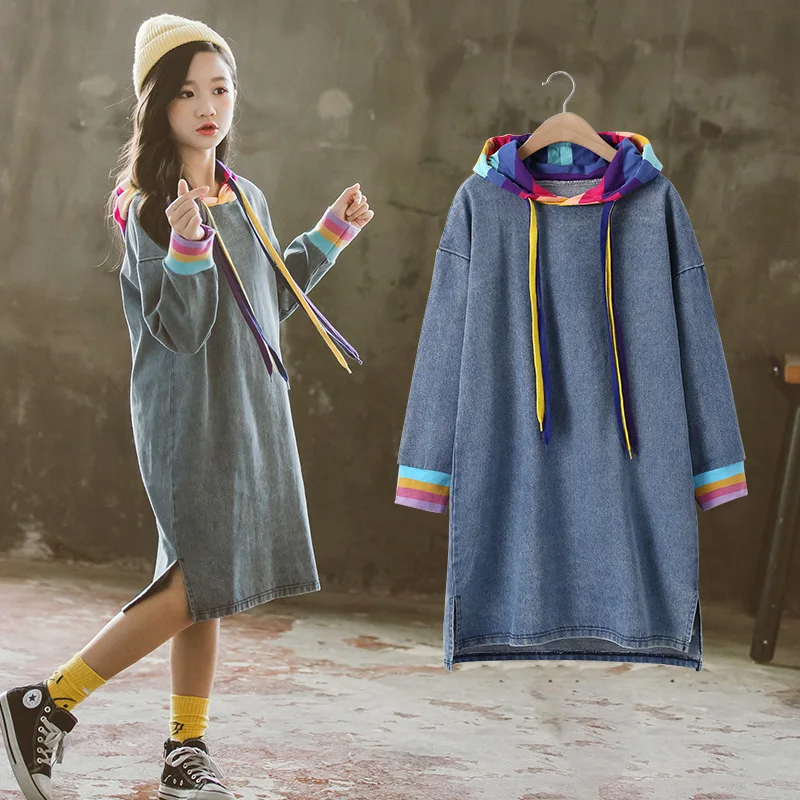 Light blue Платья для девочек коллекция года, Осеннее джинсовое Радужное платье с капюшоном и длинными рукавами для девочек школьное платье для девочек возрастом от 8 до 12 лет, осенняя одежда - Цвет: Light blue