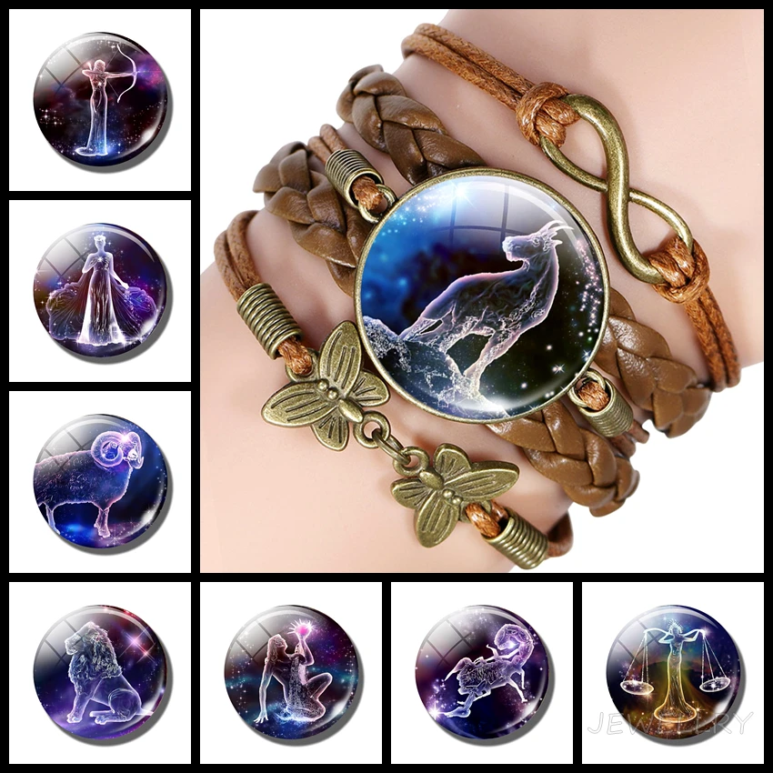 12 браслеты с изображениями созвездий divination Definition Знаки зодиака кожаные браслеты стеклянные купольные украшения подарок на день рождения дропшиппинг