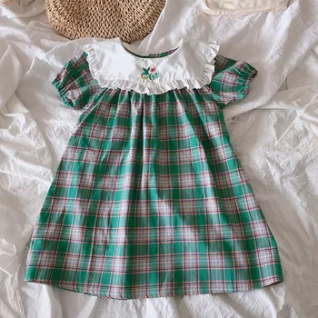 

new 2020 Summer Embroidery Flower Baby Girls Dress turndown collar Puff Sleeveless Toddlers Kids Plaid Clothes Children Dresses