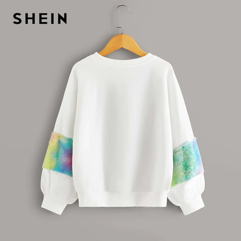 Beste SHEIN Kiddie Wit Brief Print Faux Fur Detail Sweatshirts Kinderen Tops 2019 Herfst Lange Mouwen Tie Dye Kinderen Leuke Trui
