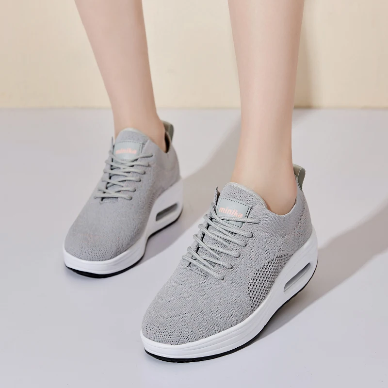 Women Flat Shoes Comfortable Platform Shoes Mesh Casual Sneakers Thick Heel Swing Wedges Shoes Black Lace Up Walking Shoes