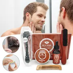 5pcs Beard Growth Kit Complete Beard Grooming Care Gift Set For Men Sandalwood Beard Oil Cream Brush Comb Roller Set